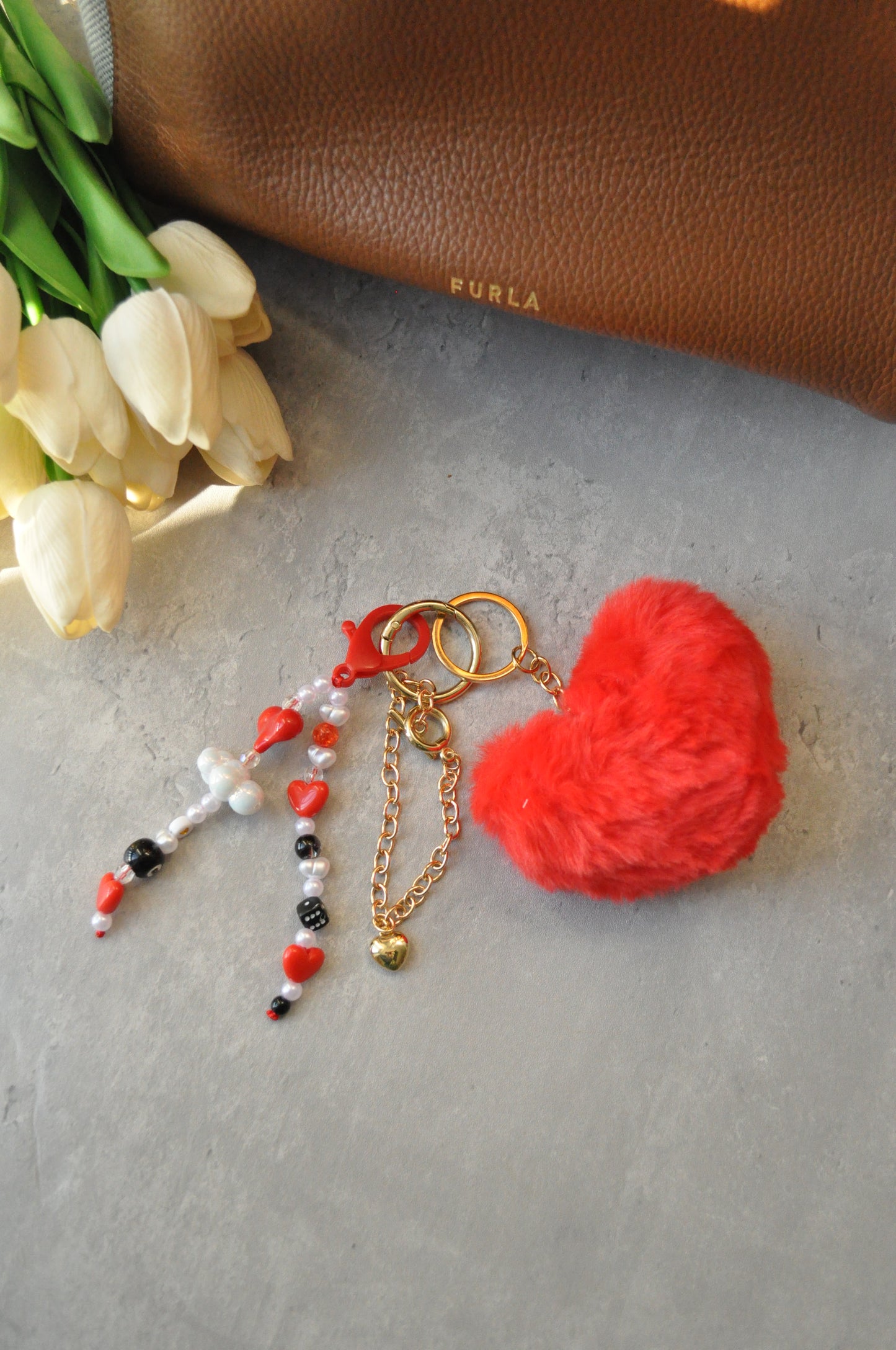 Red Fluffy Heart Bag Charm