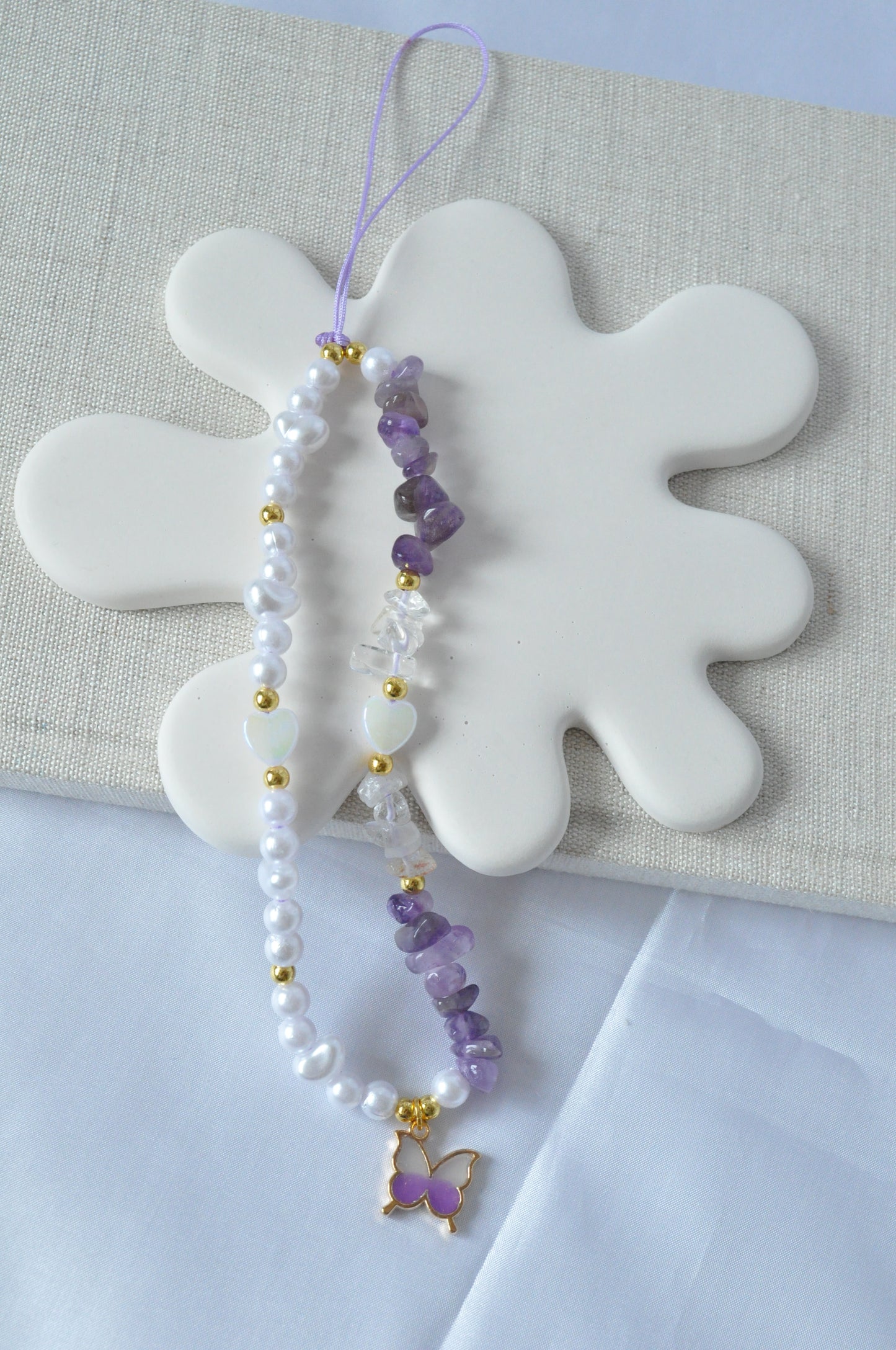 Amethyst & White Quartz  Gemstone Phone Charm Strap