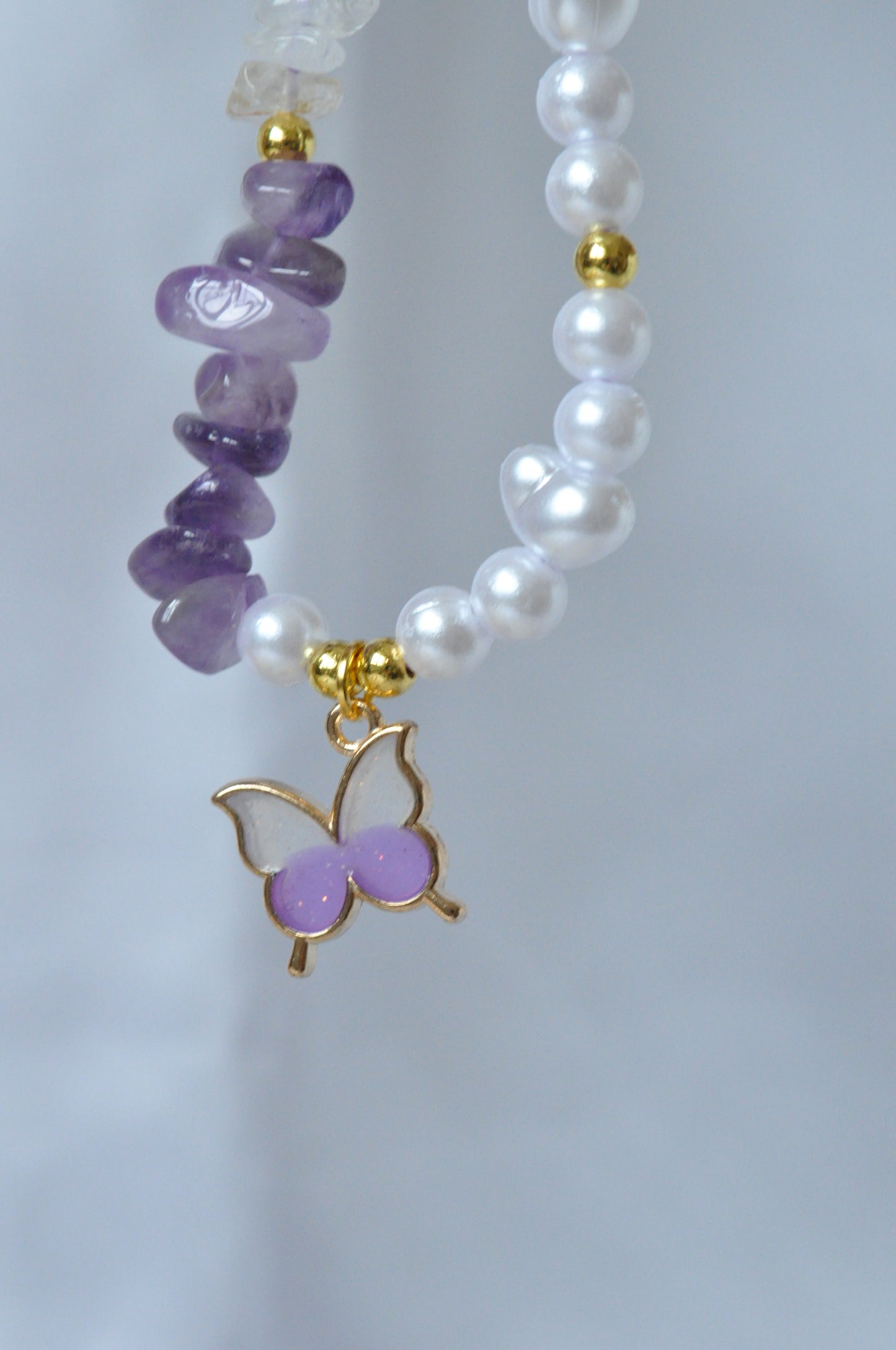 Amethyst & White Quartz  Gemstone Phone Charm Strap