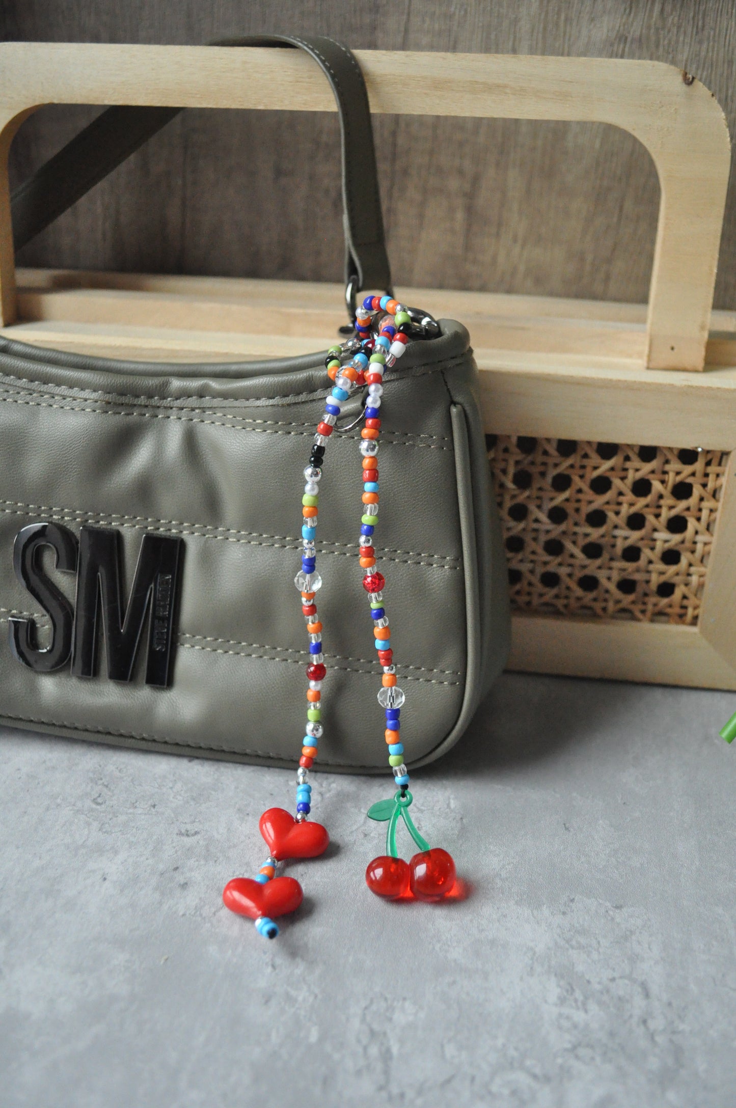 Chunky Heart Cherry Beaded Bag Charm