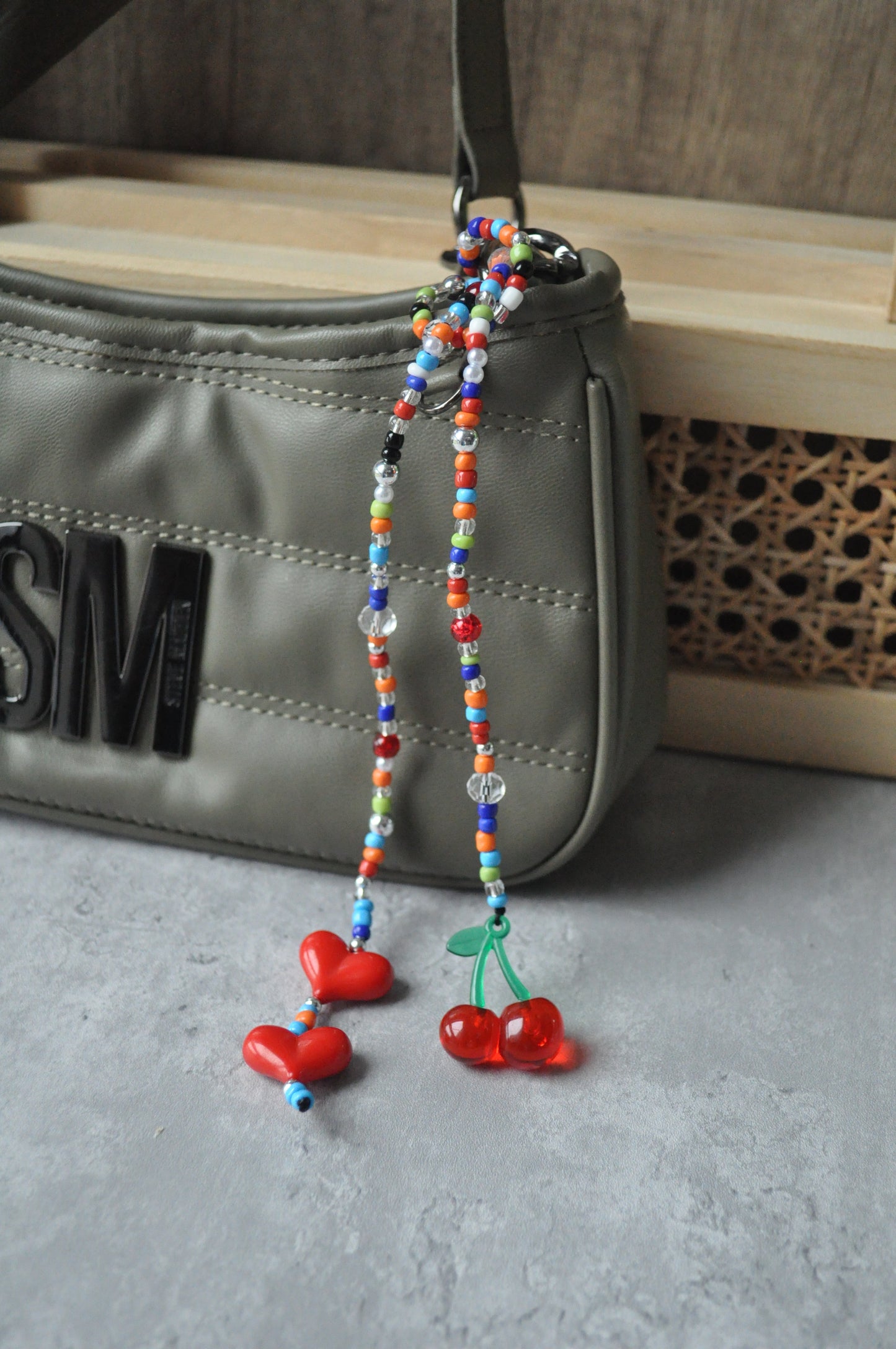 Chunky Heart Cherry Beaded Bag Charm