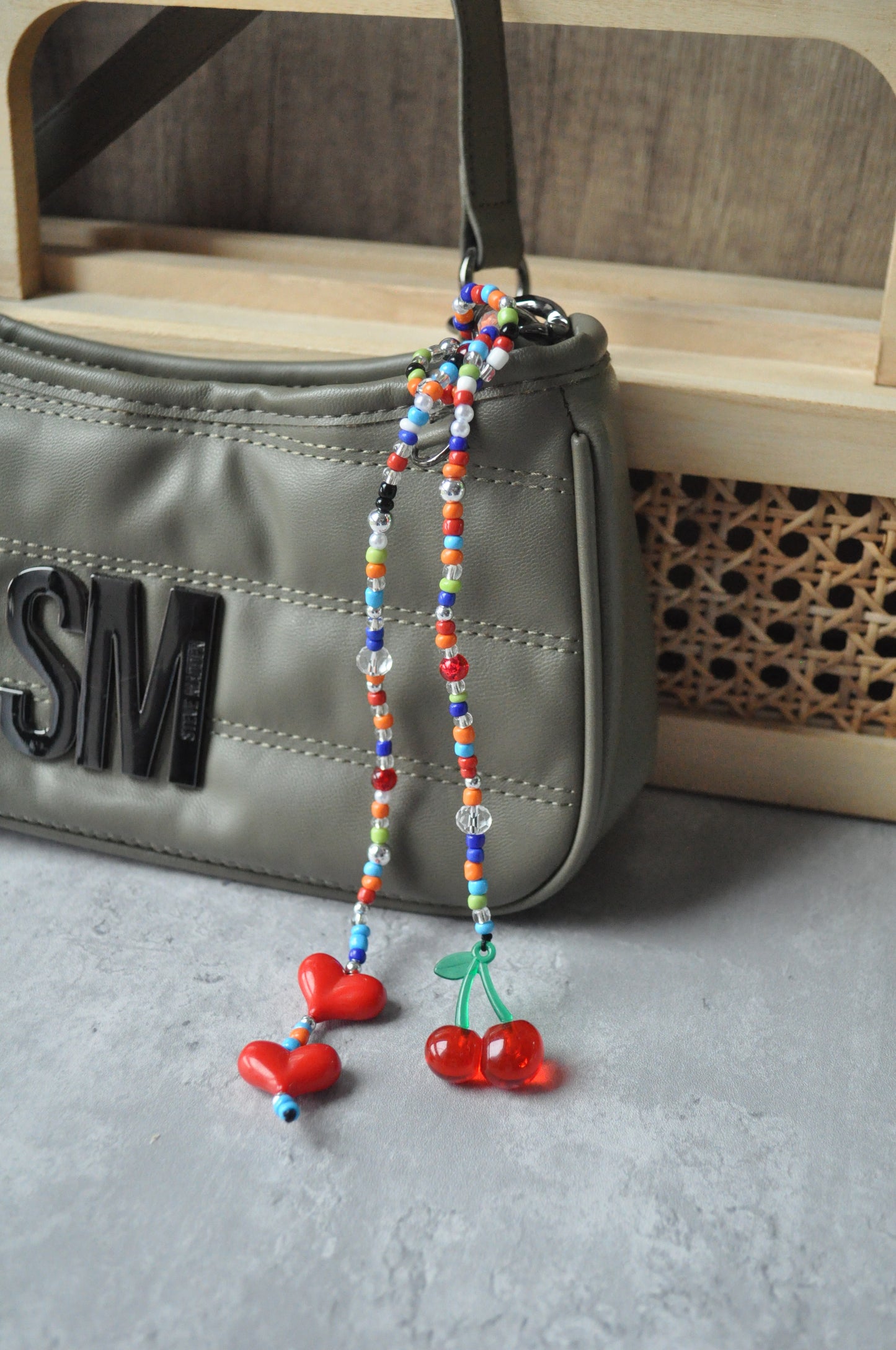 Chunky Heart Cherry Beaded Bag Charm