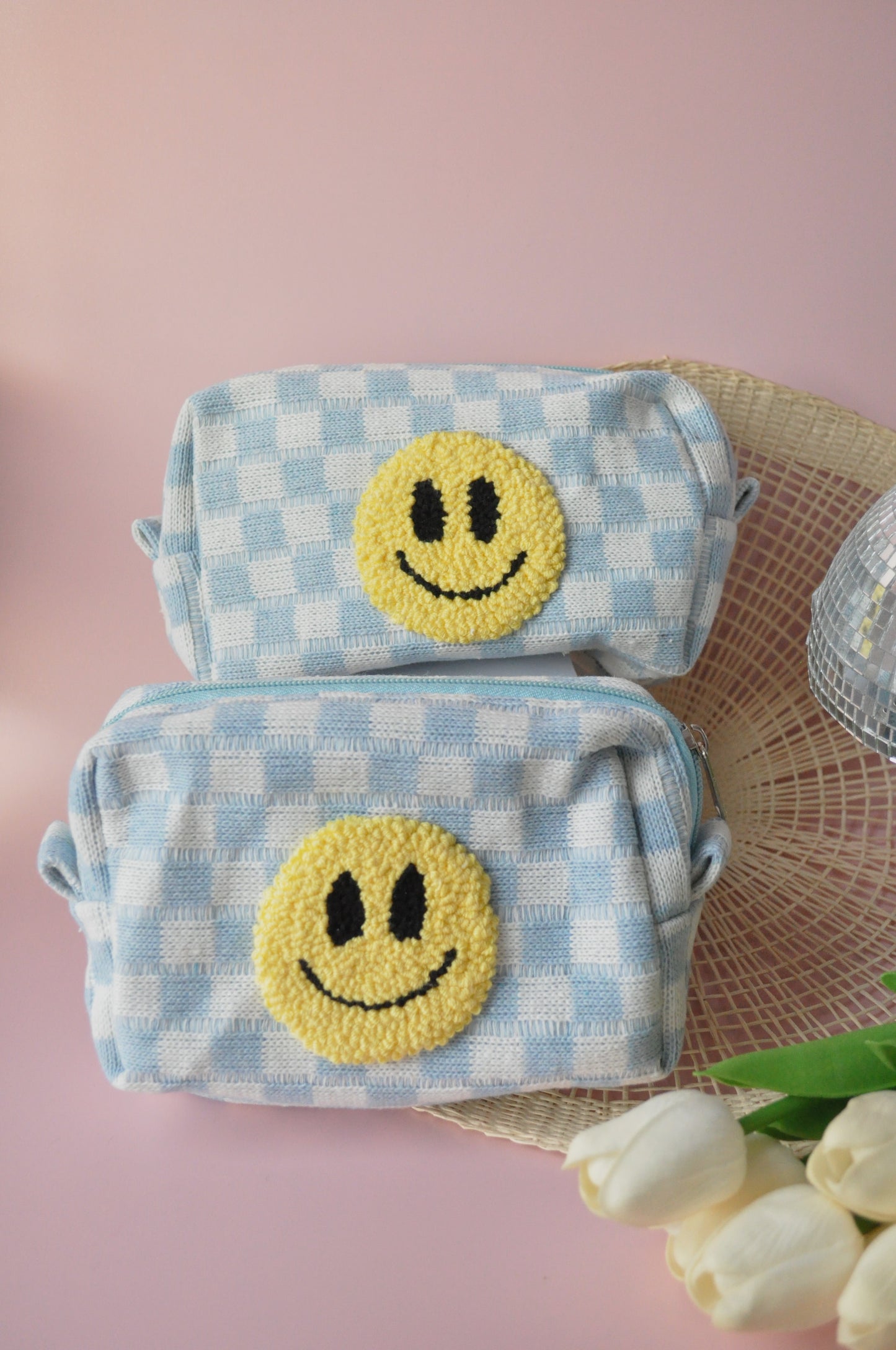 Baby Blue Tufted Smiley Make-up Bag