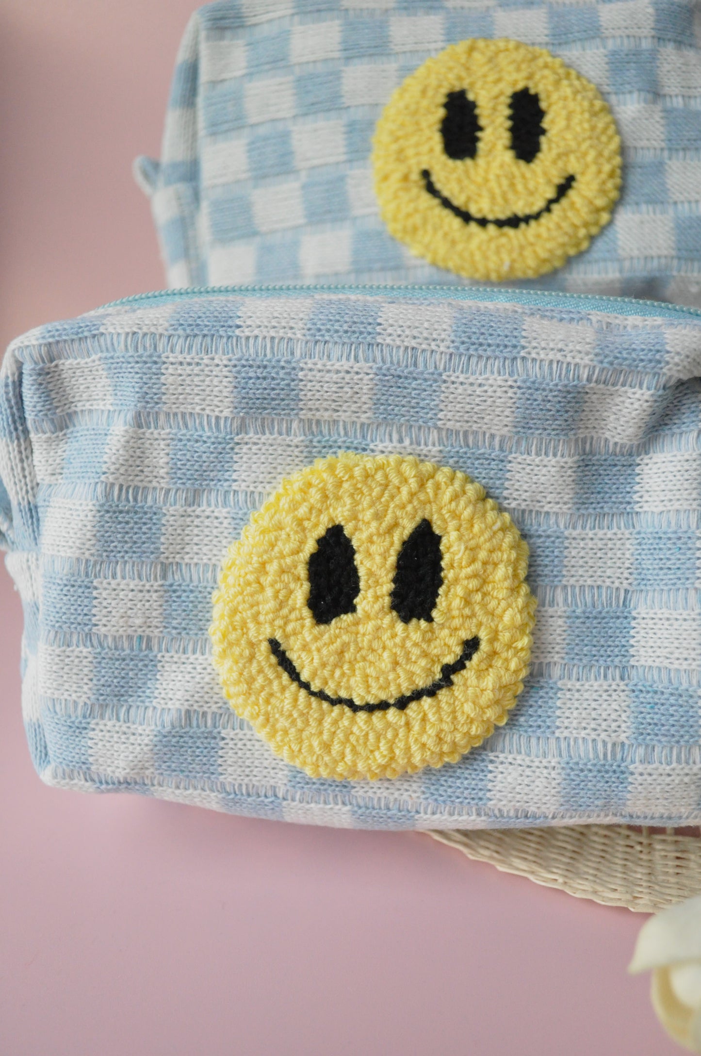 Baby Blue Tufted Smiley Make-up Bag