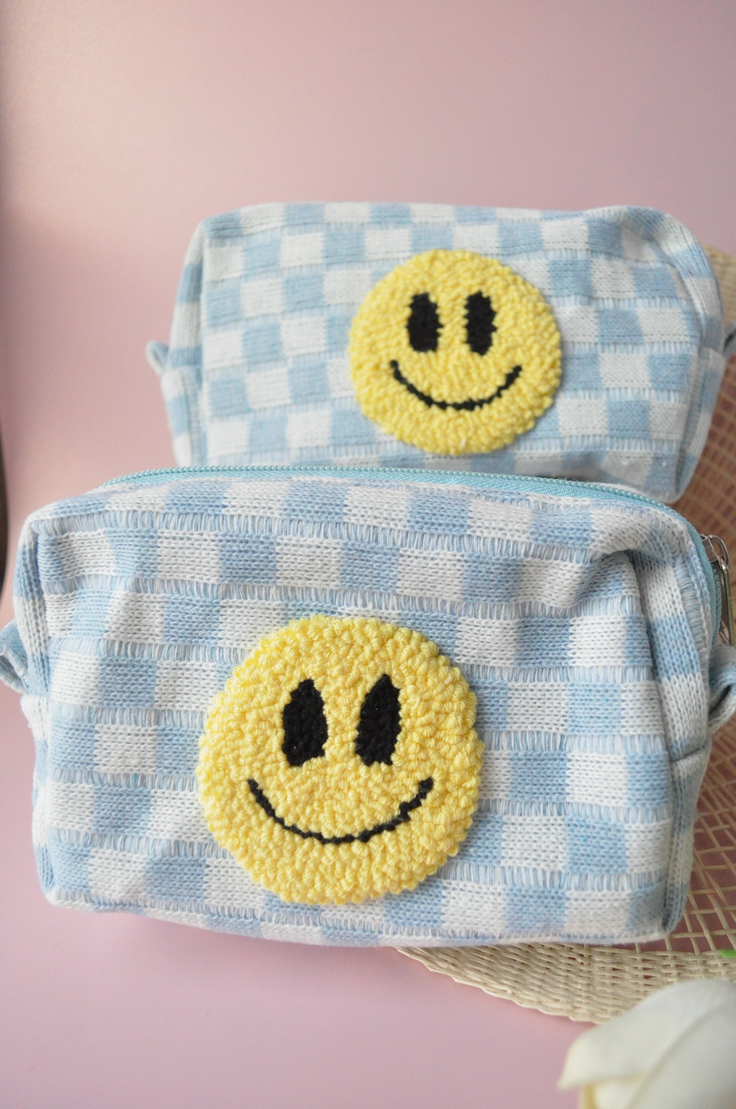 Baby Blue Tufted Smiley Make-up Bag