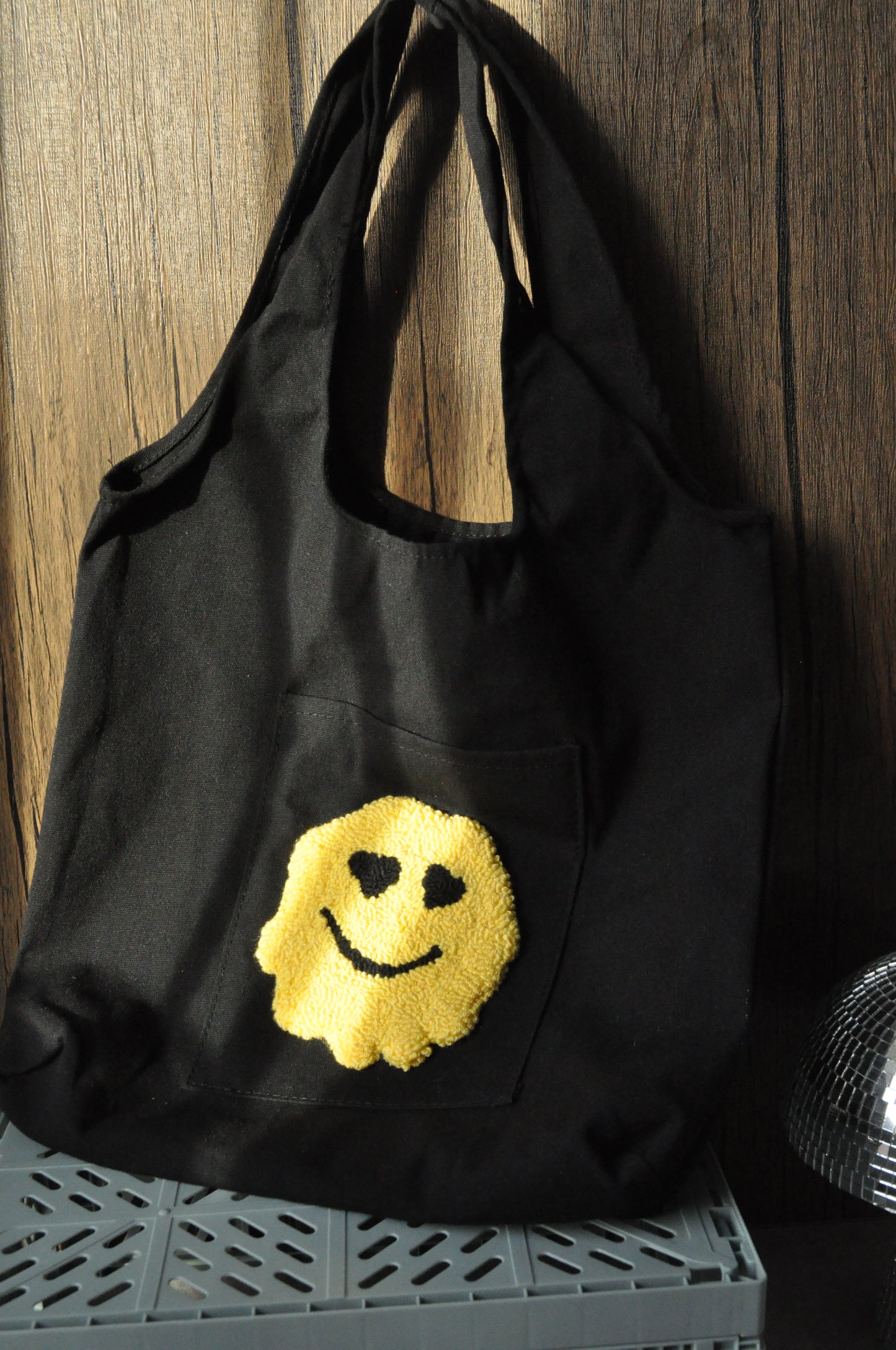 Punch Needle Melted Smiley Face Tote Bag