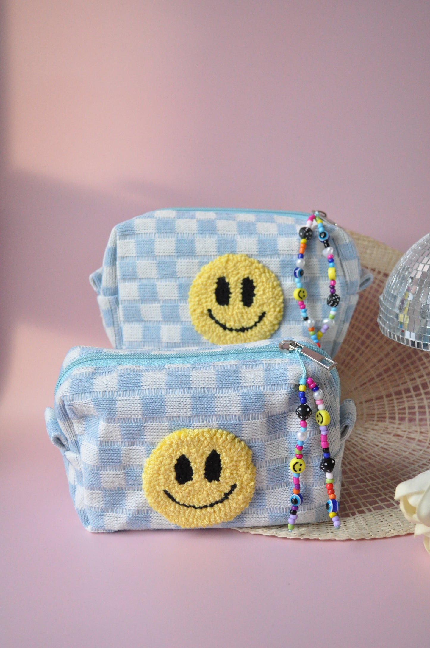 Baby Blue Tufted Smiley Make-up Bag