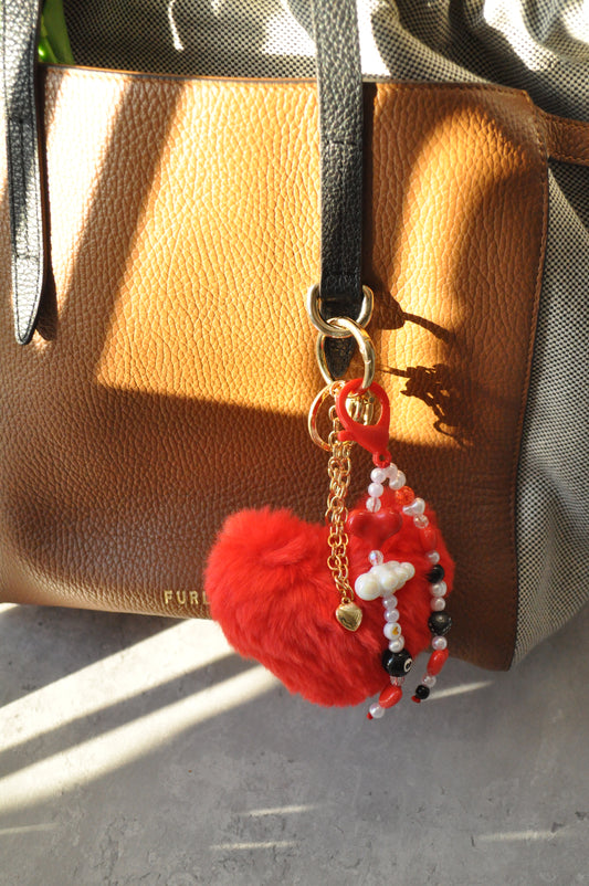 Red Fluffy Heart Bag Charm