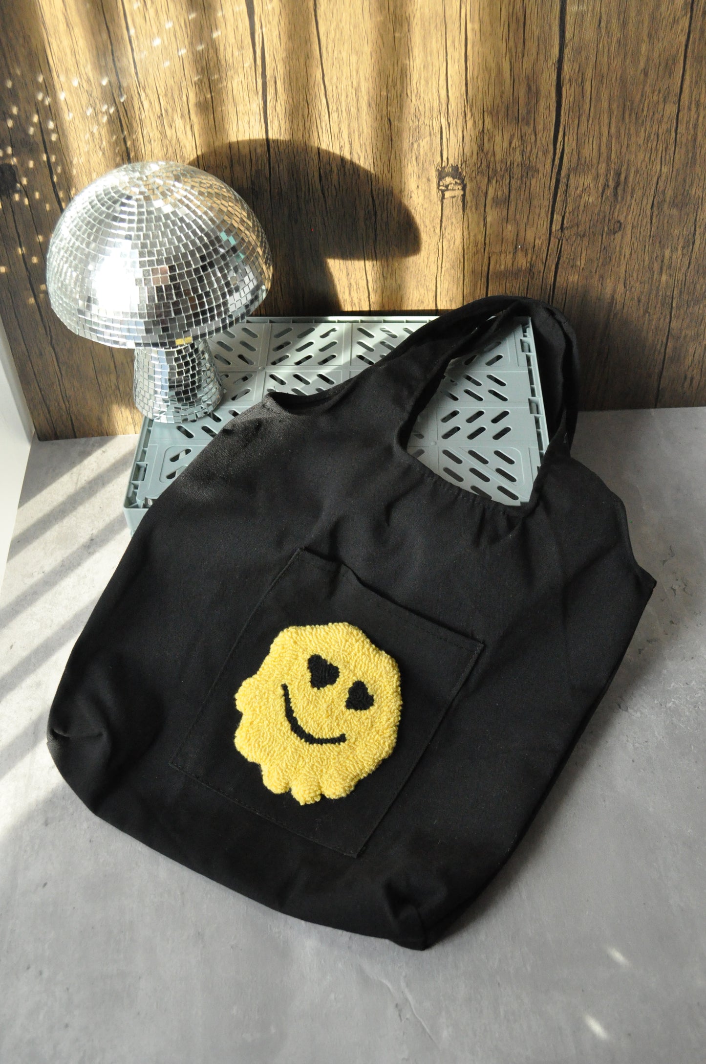 Punch Needle Melted Smiley Face Tote Bag