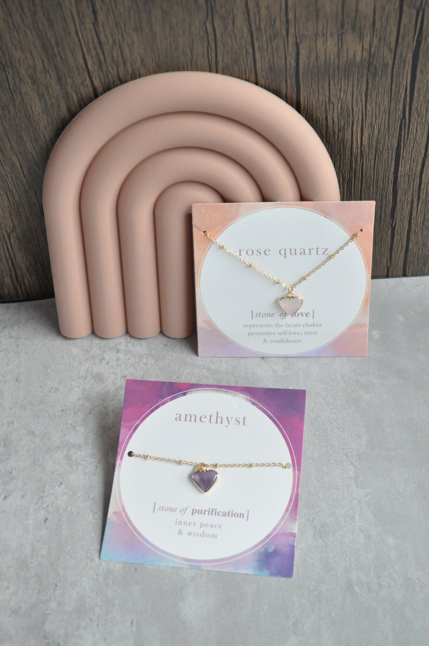 Heart-shaped Natural Stone Pendant Necklace: Rose Quartz & Amehtyst