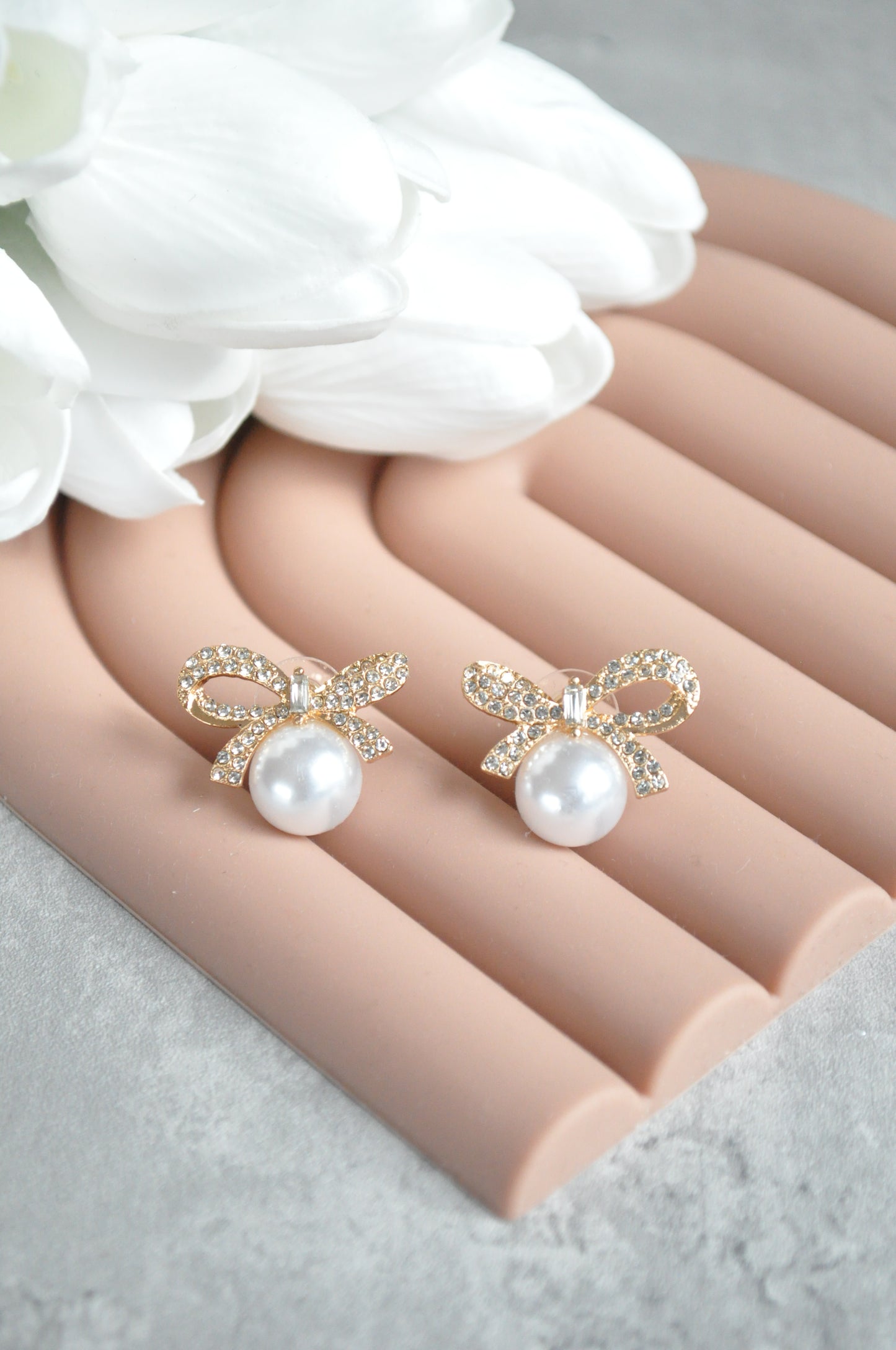 18k Gold Plated Bow Rhinestone Pearl Stud Earrings