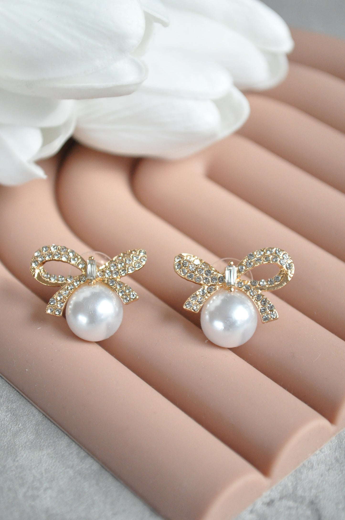 18k Gold Plated Bow Rhinestone Pearl Stud Earrings