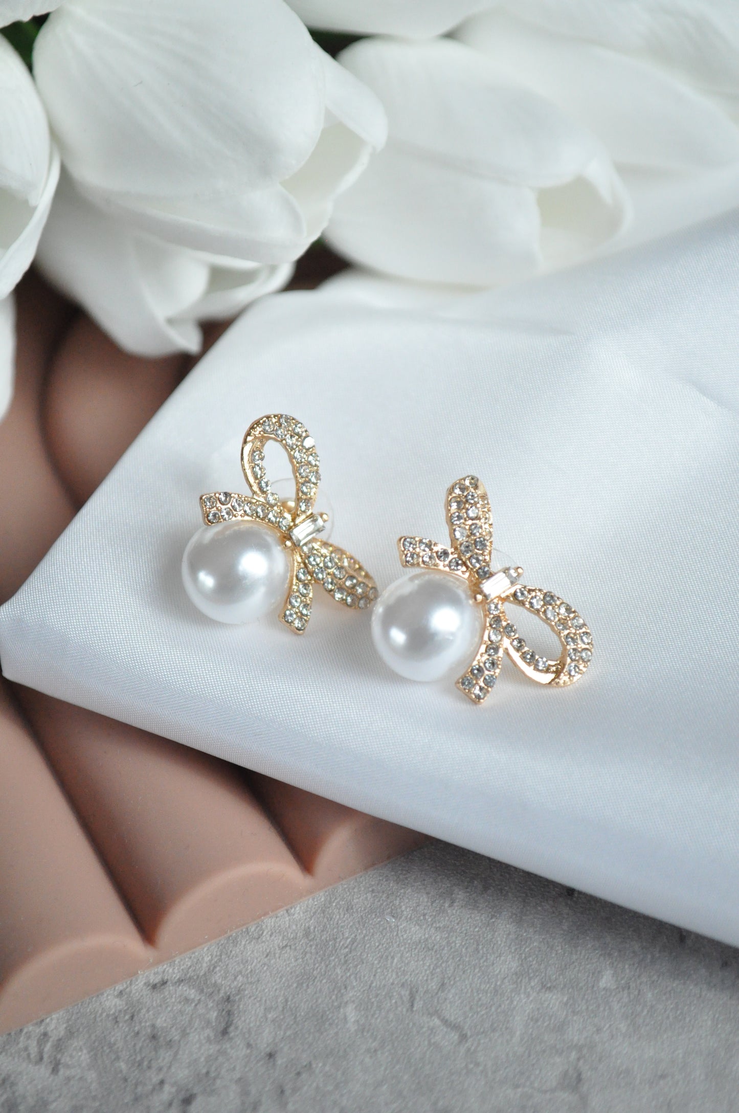 18k Gold Plated Bow Rhinestone Pearl Stud Earrings