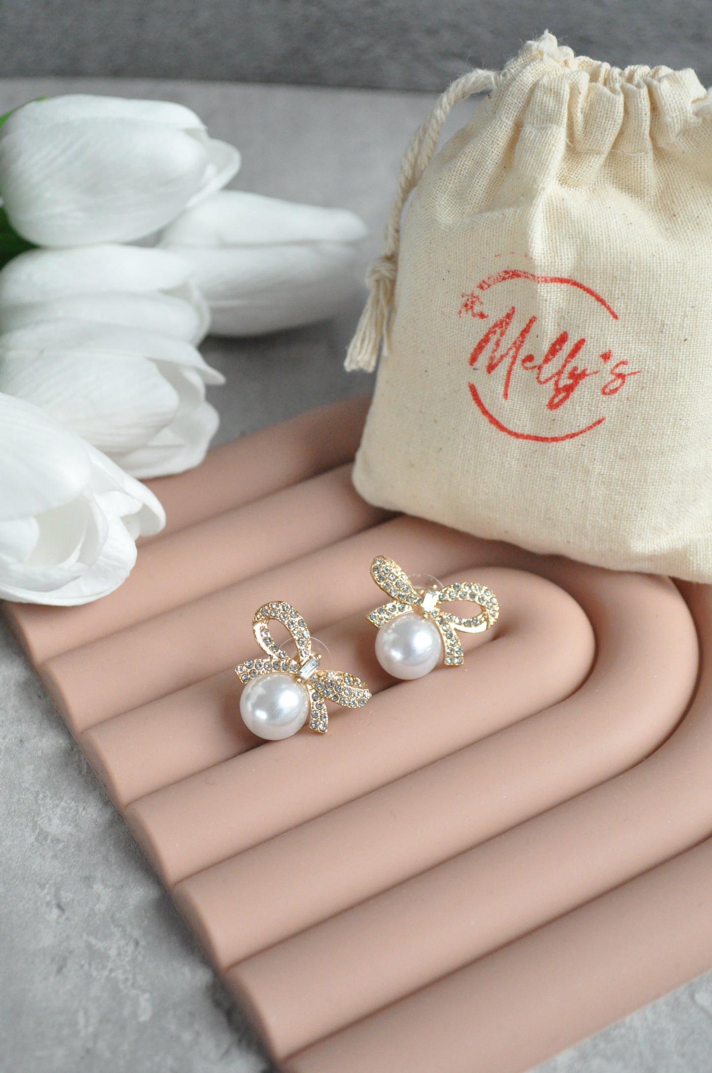 18k Gold Plated Bow Rhinestone Pearl Stud Earrings