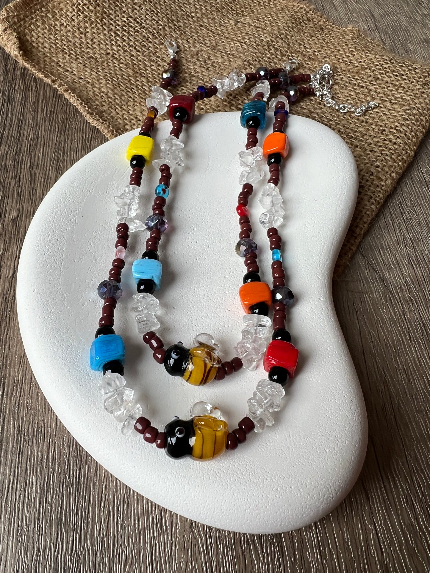 Bee Charm Murano Glass Bead Necklace With Gemstones