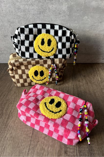 Checkered Punch Needle Smiley Make-up Bag