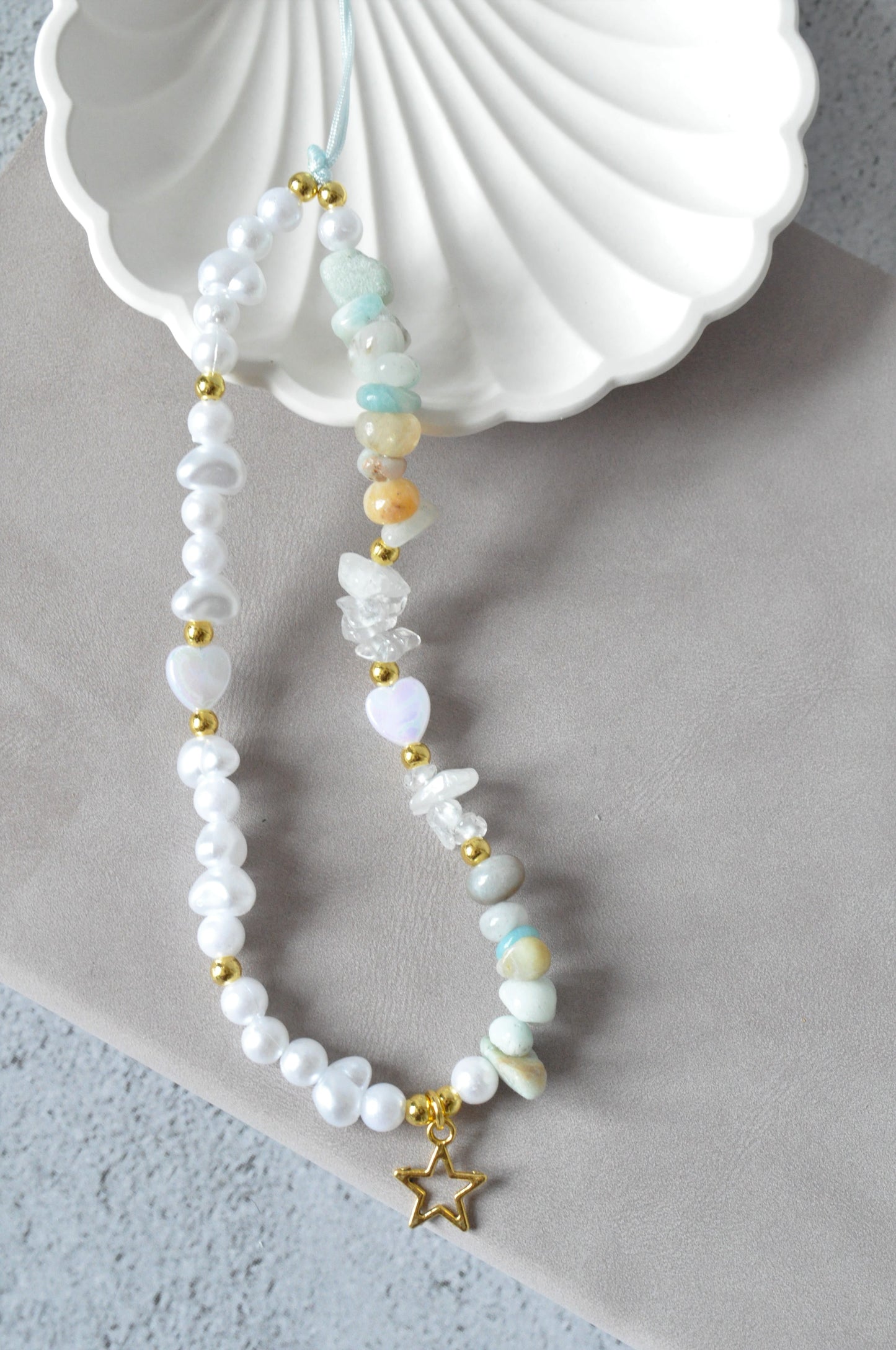 White Quartz & Amazonite Gemstone Phone Charm Strap | Crystal Phone Strap