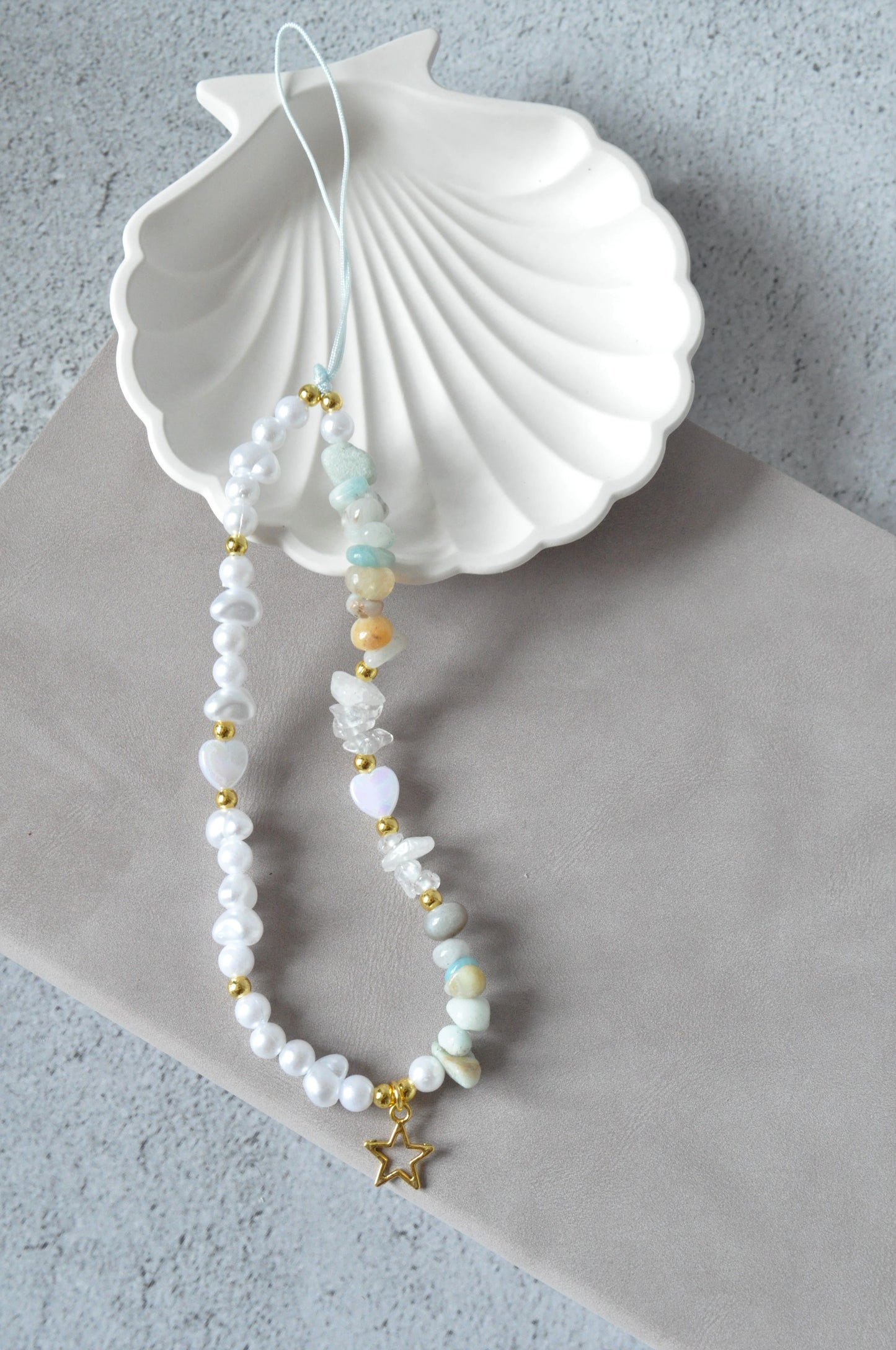 White Quartz & Amazonite Gemstone Phone Charm Strap | Crystal Phone Strap