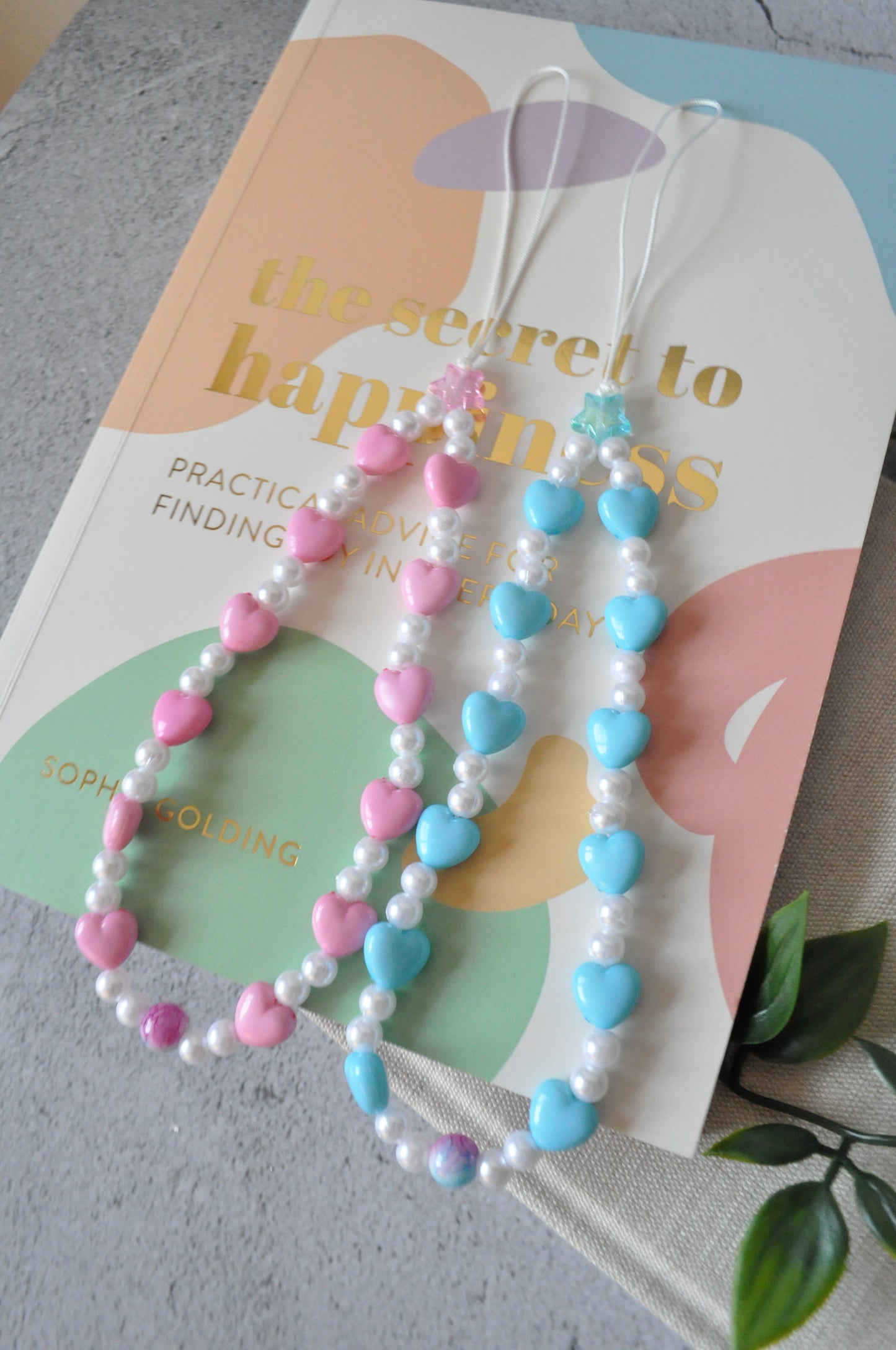 Pink & Blue Hearts Beaded Phone Strap