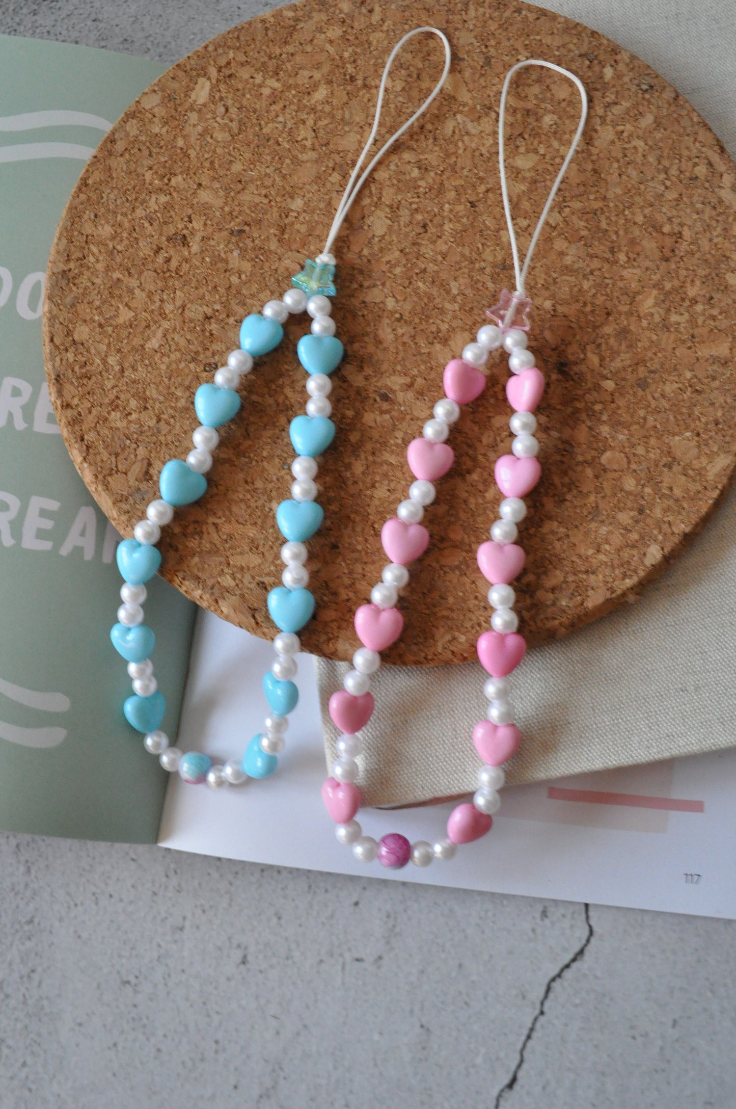 Pink & Blue Hearts Beaded Phone Strap