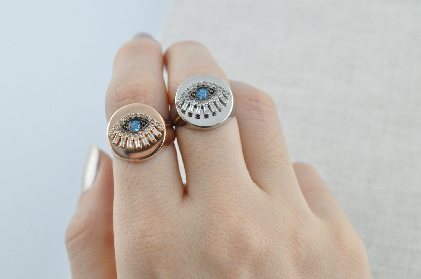 Turkish Evil Eye Signet Ring, Adjustable Silver Ring