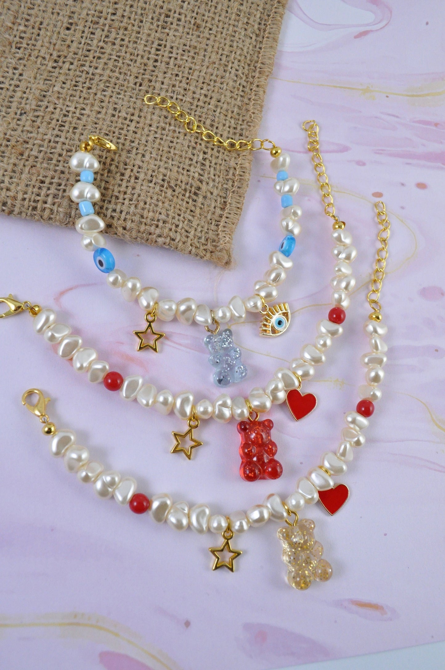 Pearl Charm Bracelet | Gummy Bear Bracelet | Evil Eye Charm Bracelet