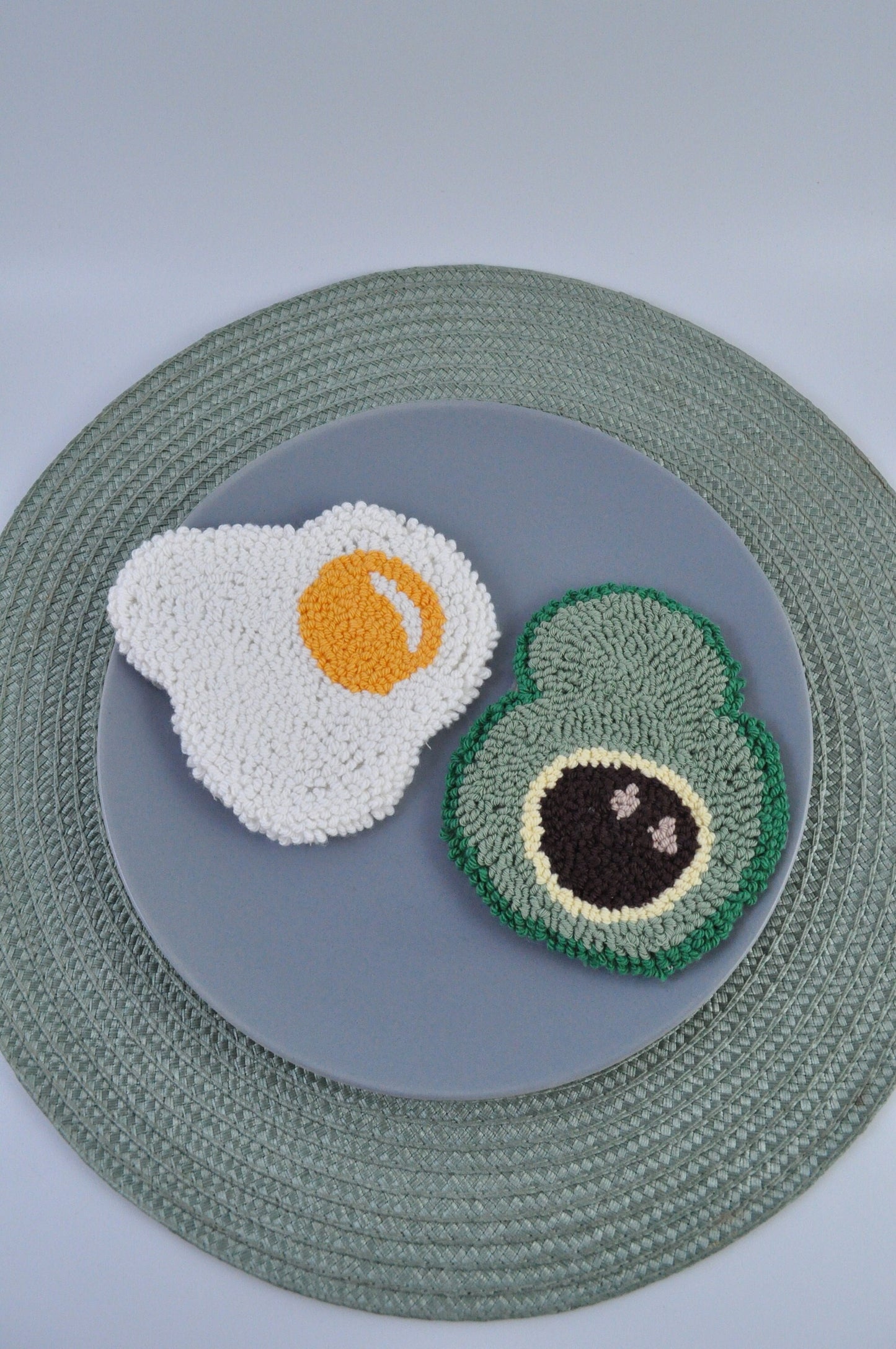 Punch Needle Coaster, Mug Rug Set | Breakfast Coaster Set | Avocado Egg Coaster