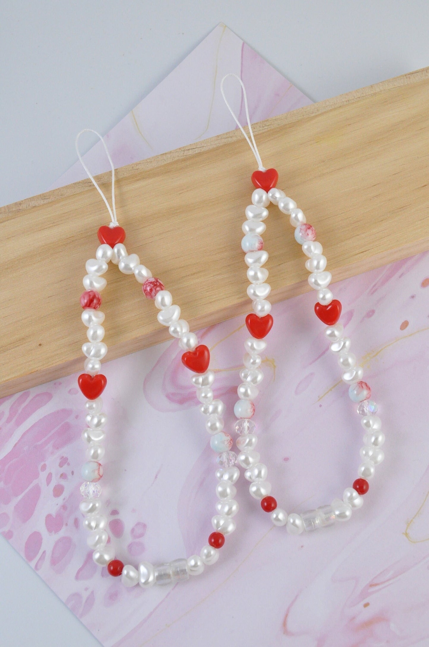 Pearl Red & Blue Hearts Beaded Phone Strap