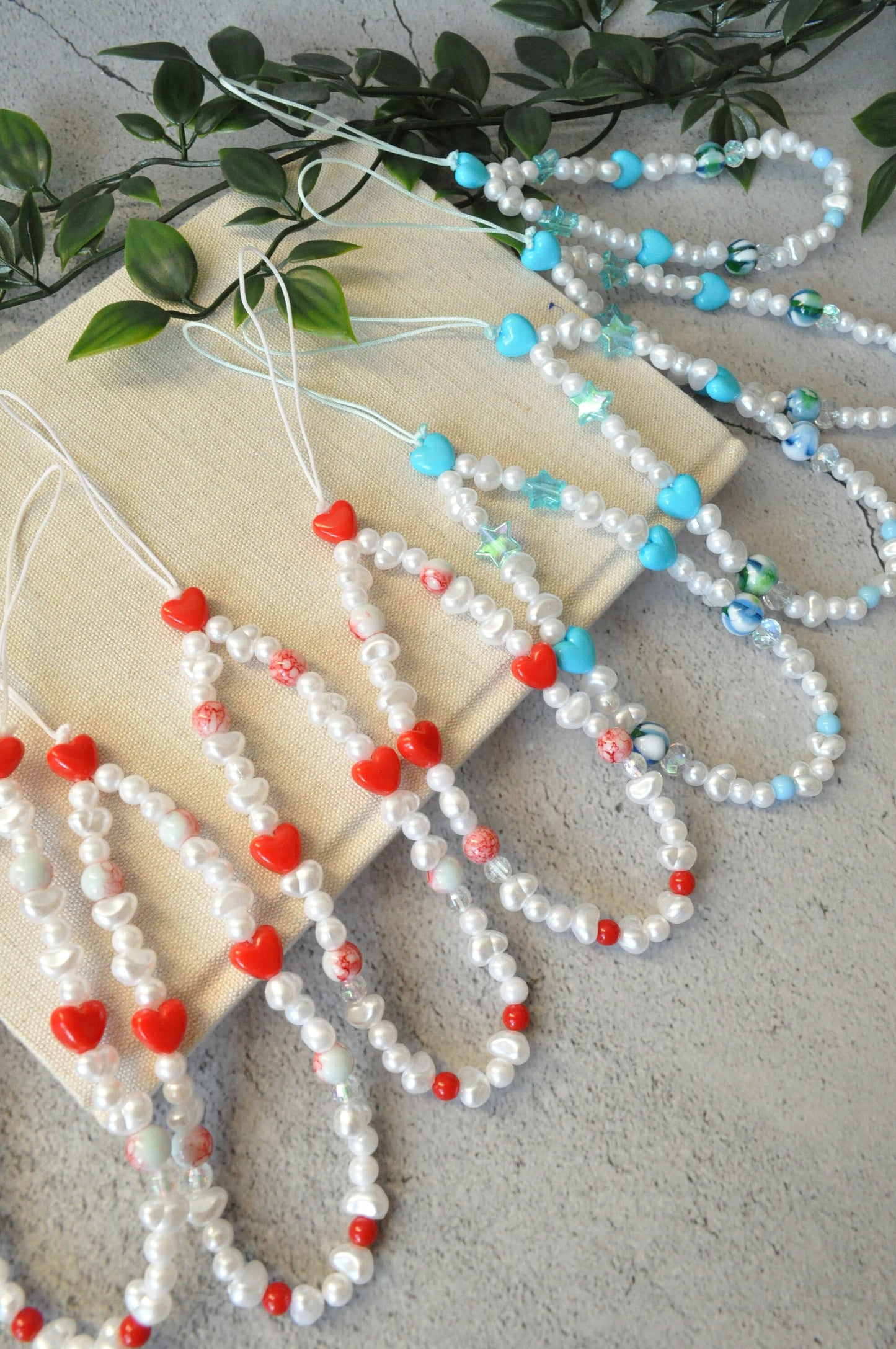 Pearl Red & Blue Hearts Beaded Phone Strap