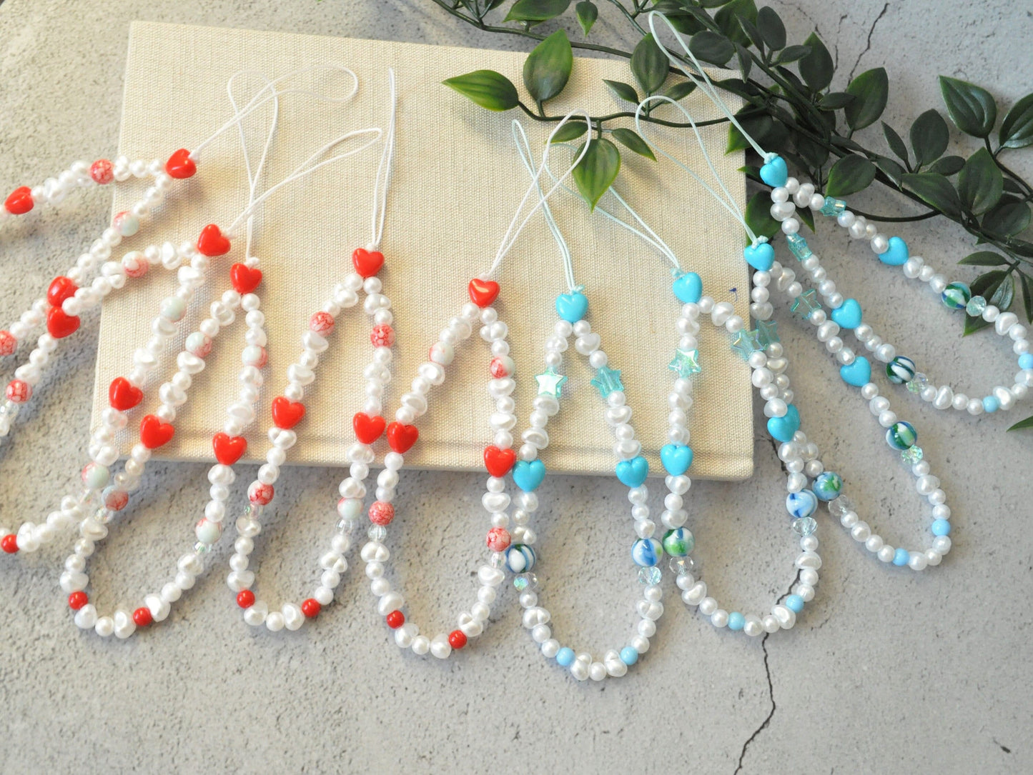 Pearl Red & Blue Hearts Beaded Phone Strap